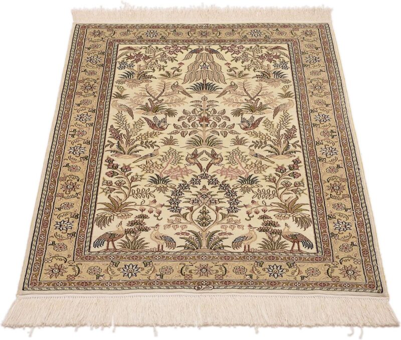 Hereke Oriental Rug 79 × 123 cm, Silk, White/Beige, hand-knotted — view 2