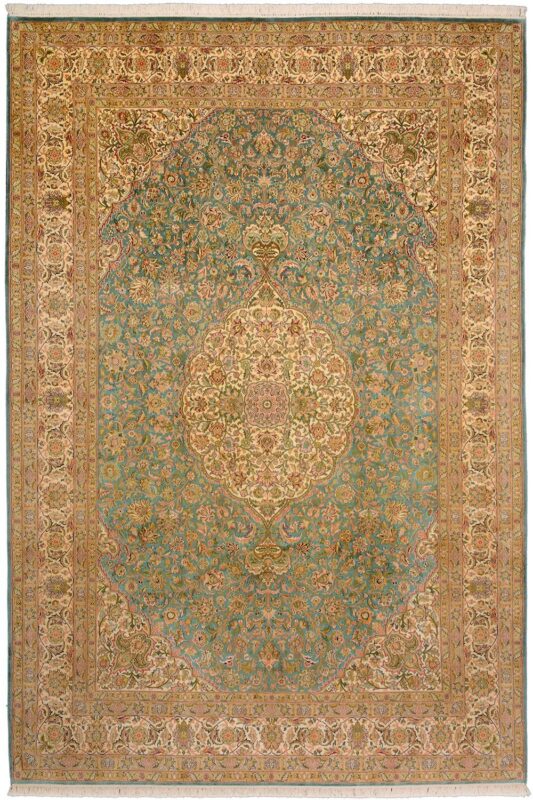 Kashmir Oriental Rug 216 × 313 cm, Silk, White/Beige, hand-knotted