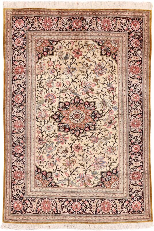 Qom Persian Rug 135 × 195 cm, Silk, hand-knotted, antique