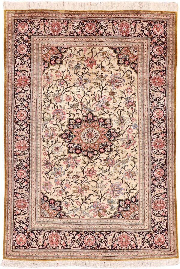 Qom Persian Rug 135 × 195 cm, Silk, hand-knotted, antique